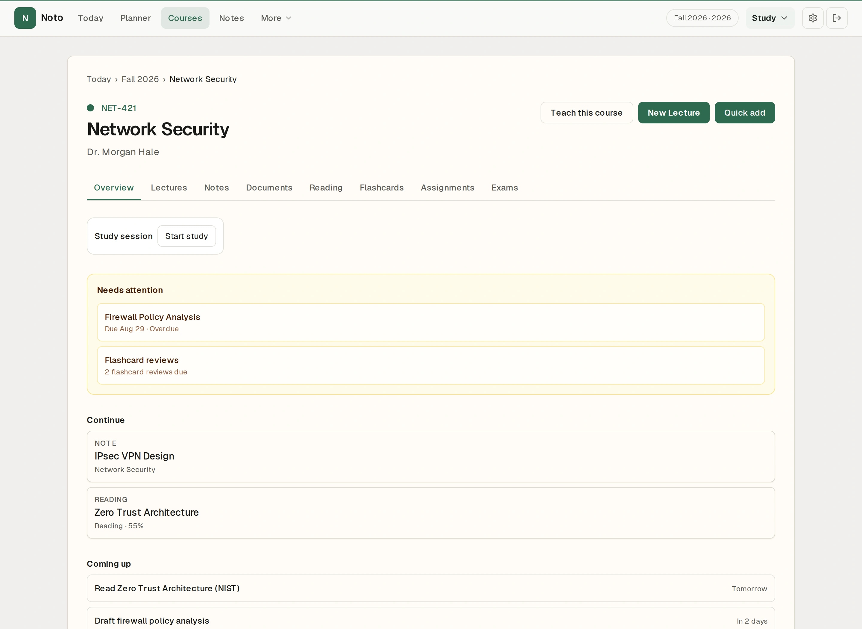 Network Security course overview with Needs Attention, Continue, and Coming Up
