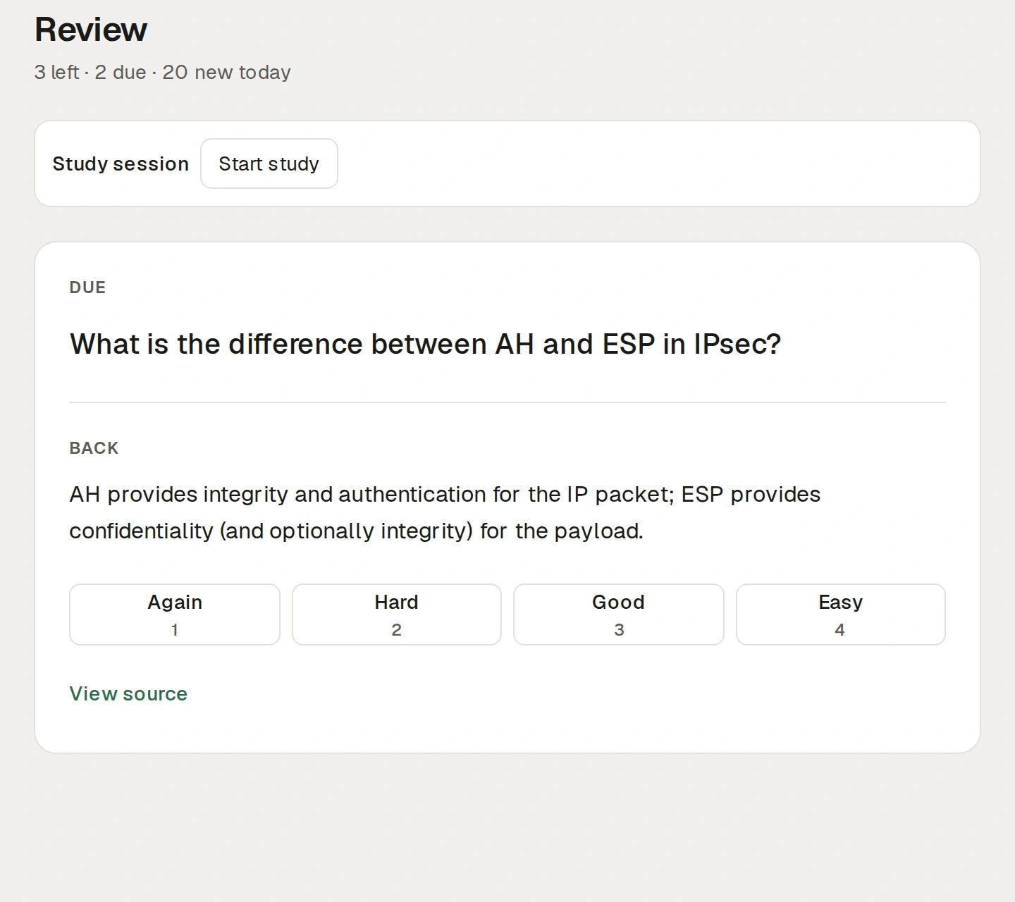 Flashcard review with IPsec question, answer, and ease ratings