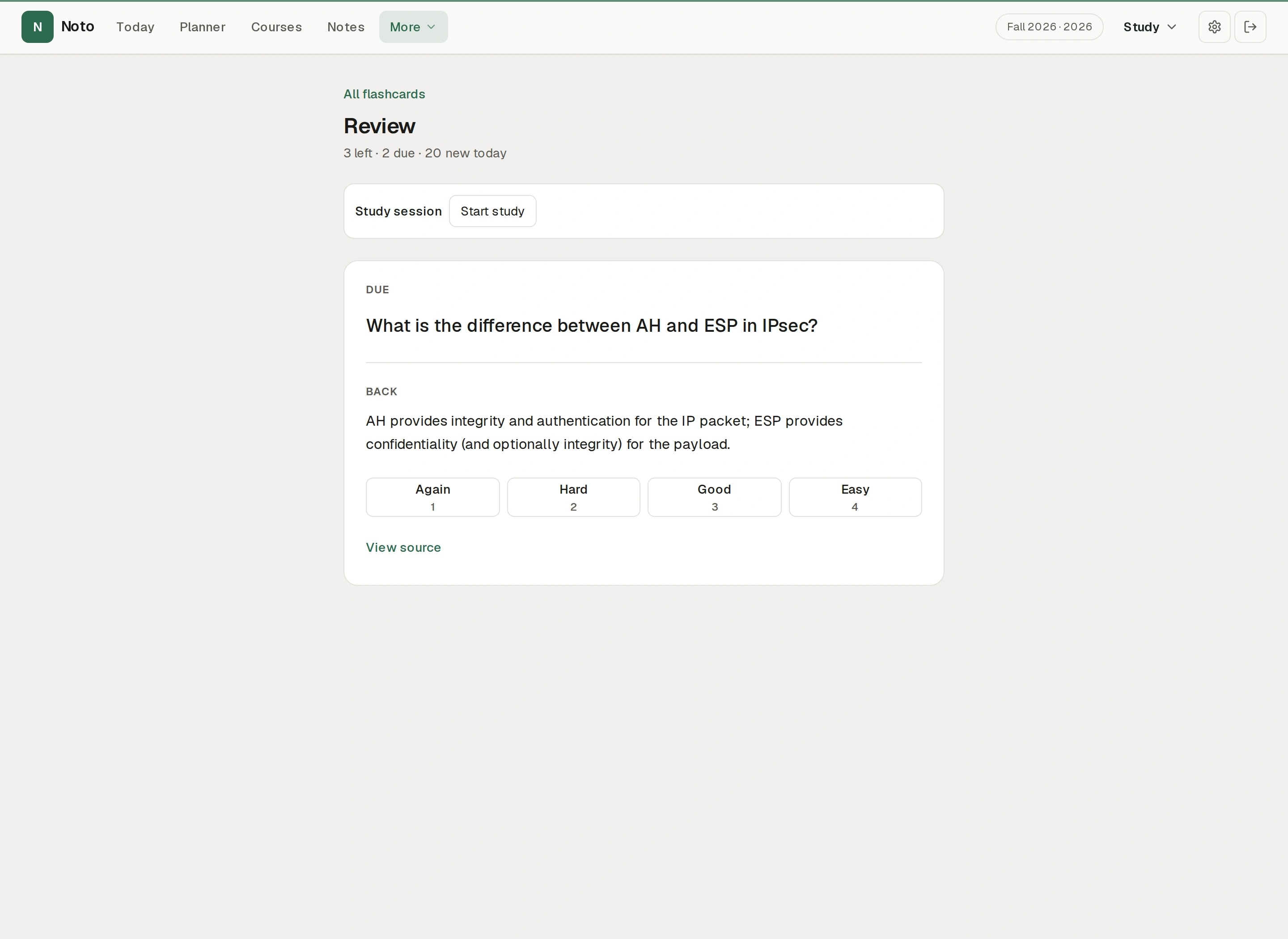 Flashcard review with question revealed and rating buttons