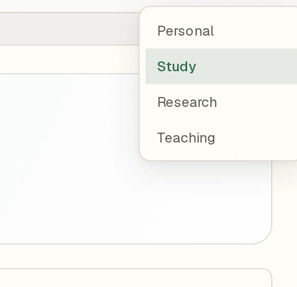 Mode menu open on Study, with Personal, Research, and Teaching