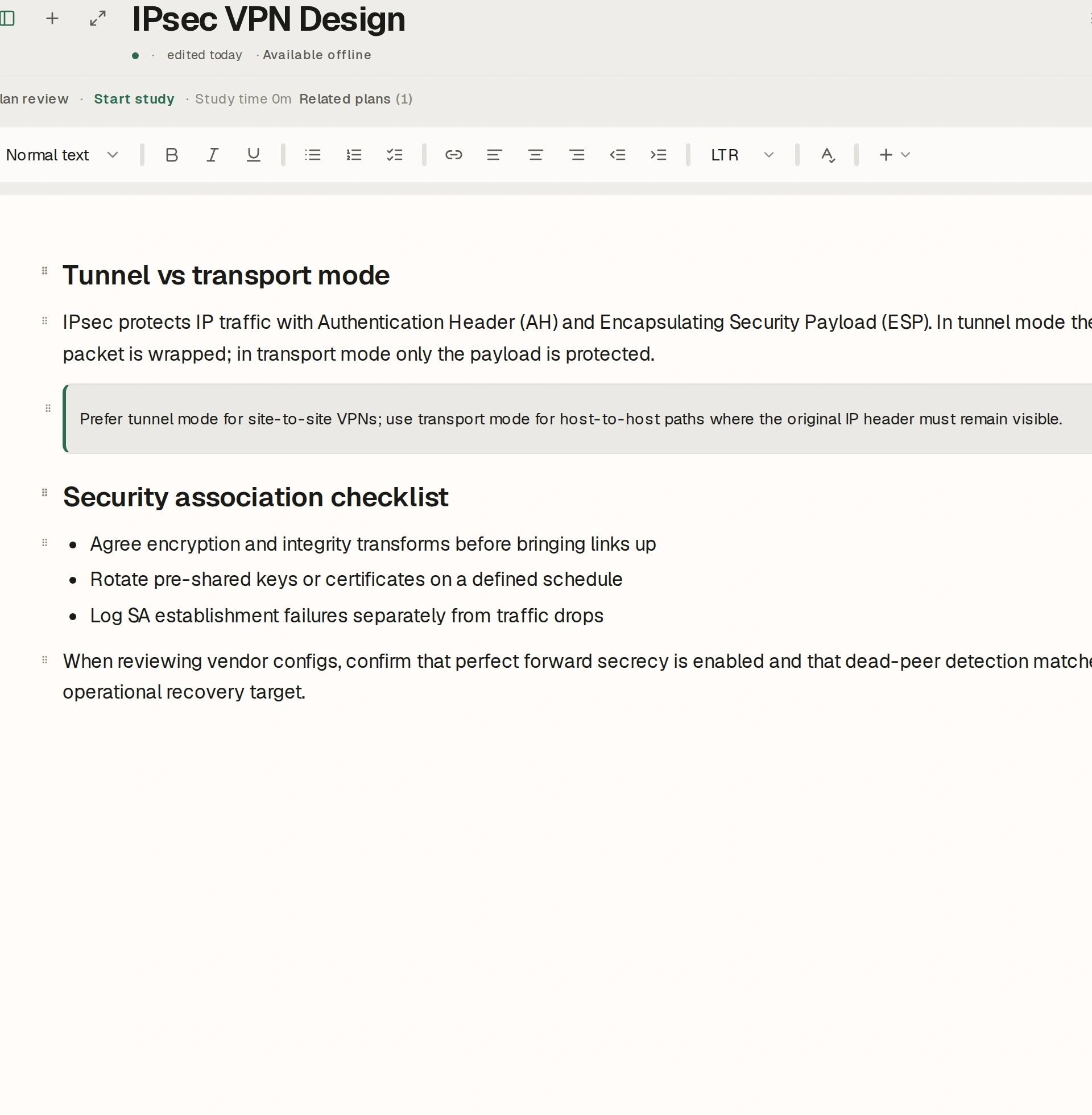 Noto note editor showing IPsec VPN Design with toolbar, callout, and checklist