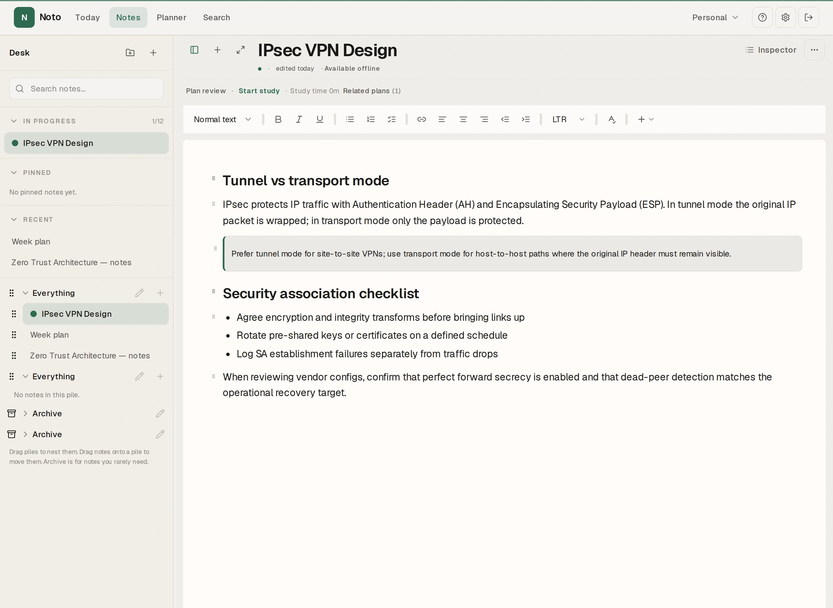 Noto note editor with lecture content on paper-style canvas