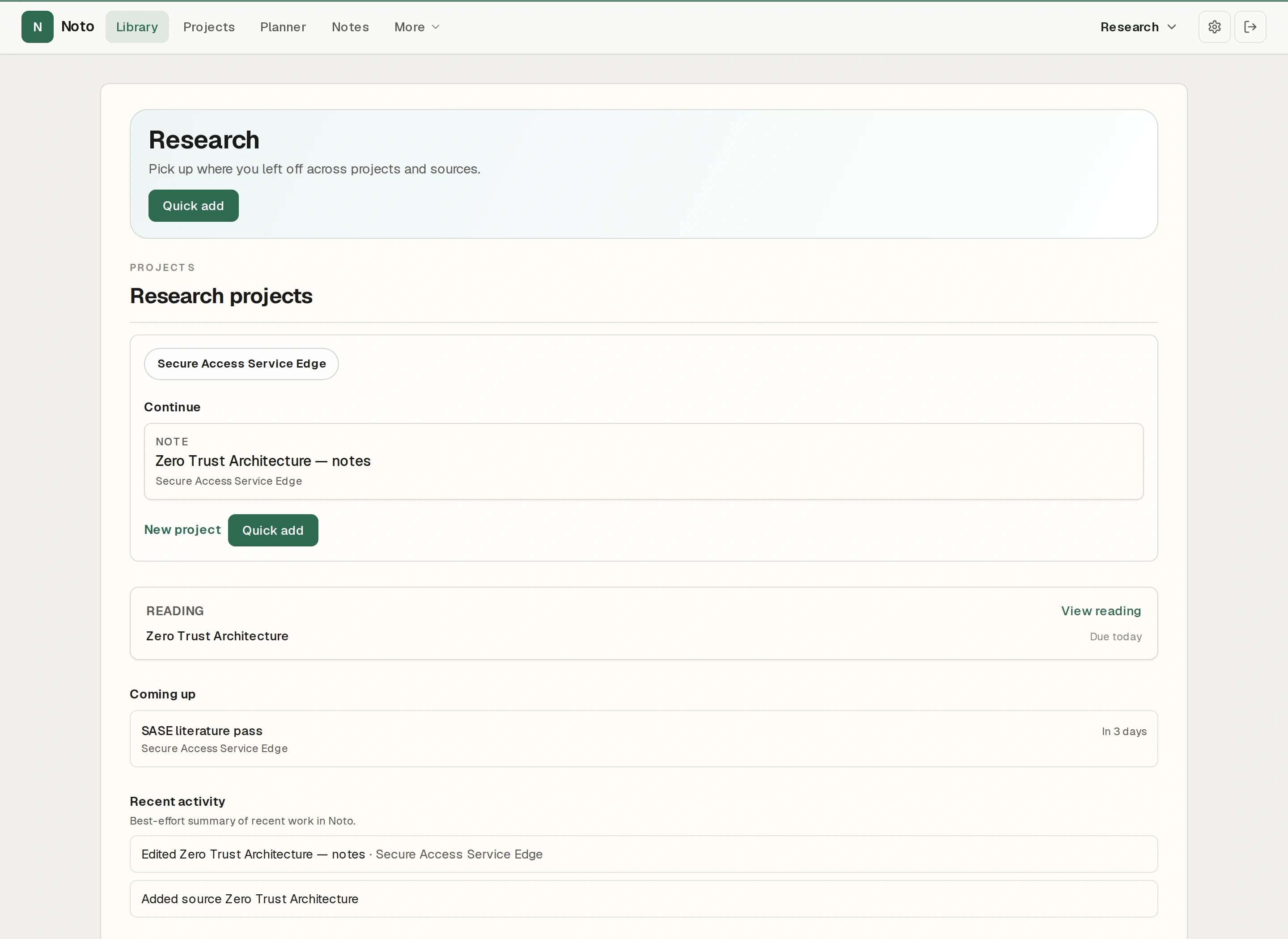 Research home with projects, continue strip, and source library