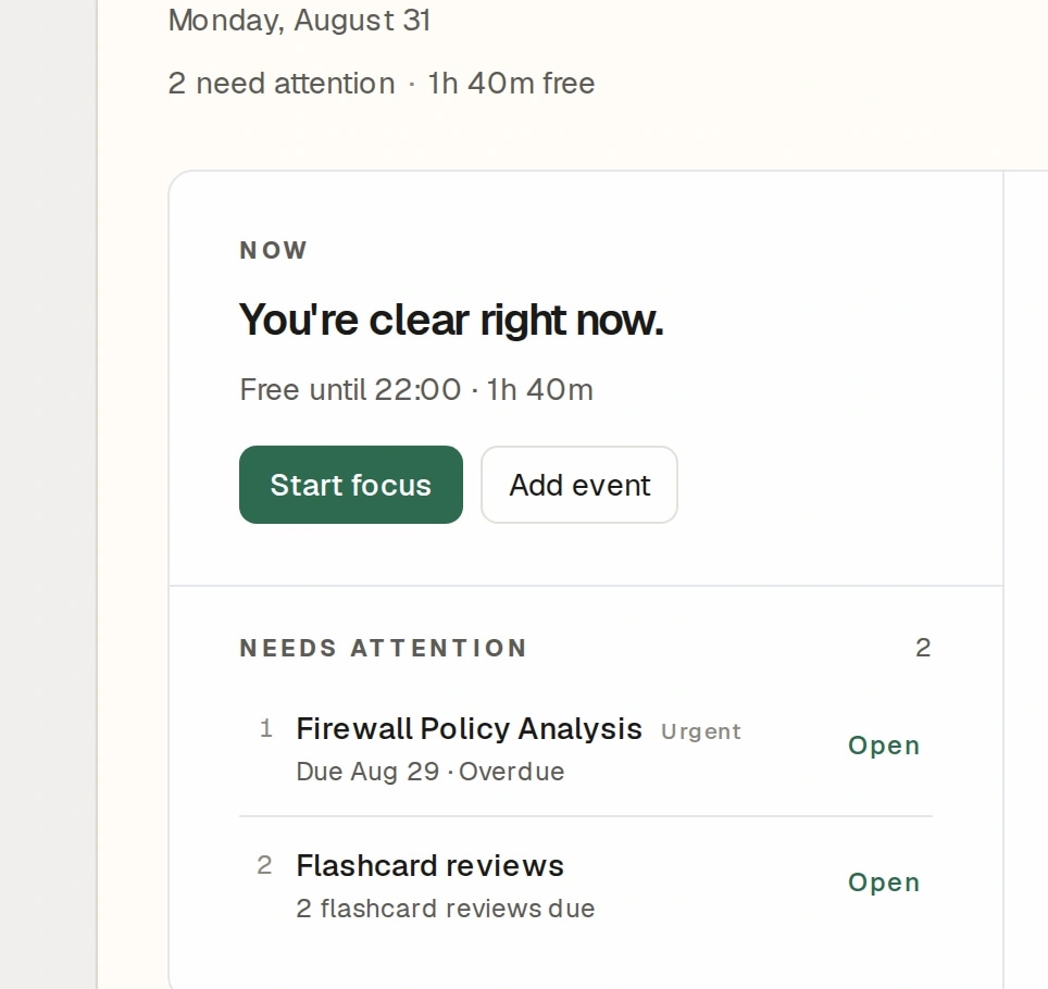 Today Now panel and Needs Attention list with overdue work and flashcard reviews